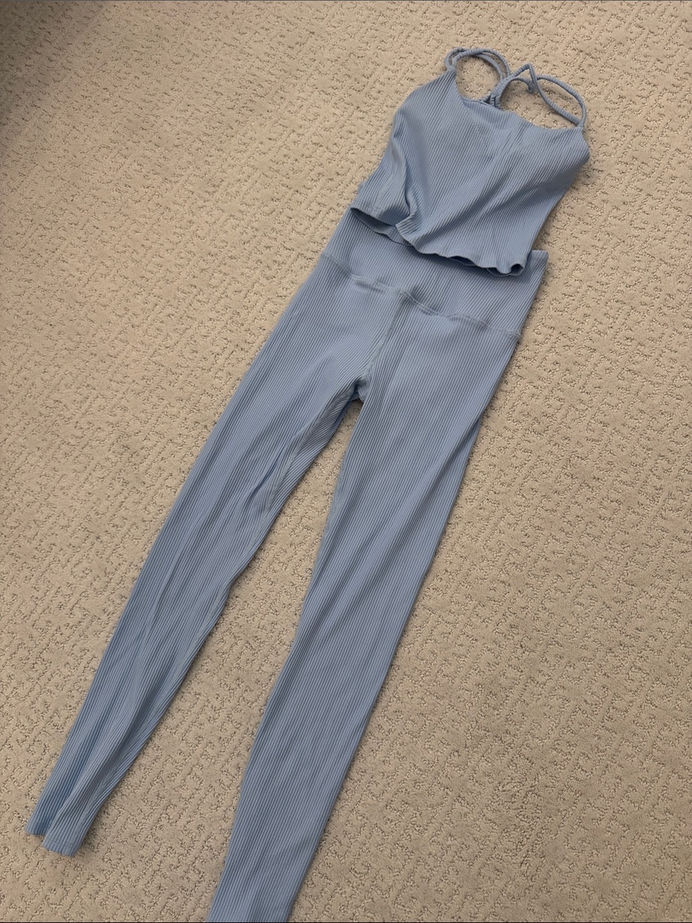 Carbon38 Ribbed Powder Blue Strappy Tank & High-Waist Leggings Set